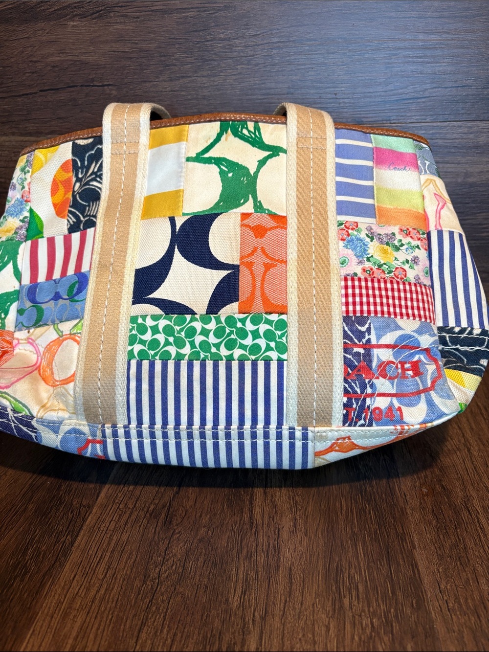 Coach Multicolor Patchwork Tote with Brown Trim and Yellow Tag - Picture 4 of 8